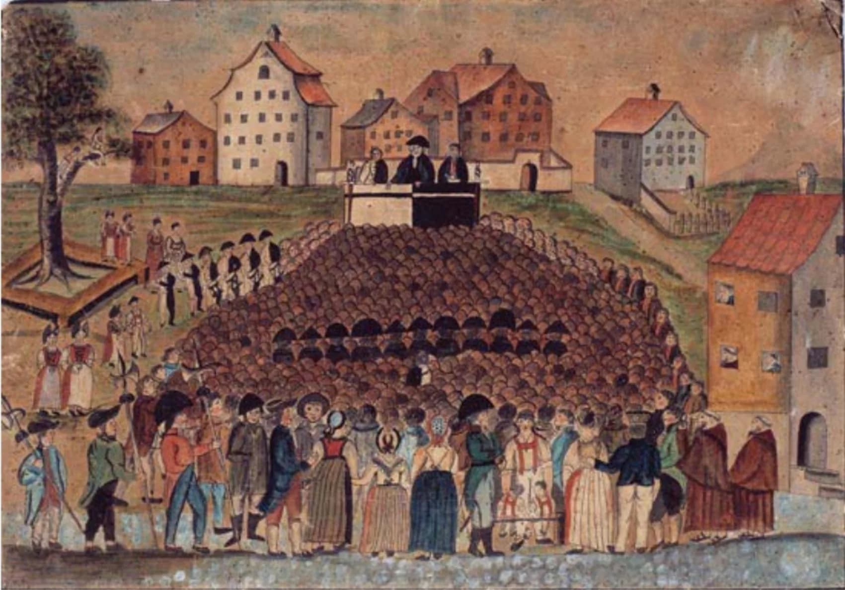 A painting of a Landsgemeinde in the late eighteenth century: the whole community gathered in the square, the officials on a platform above them.